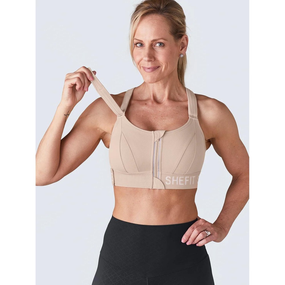 SHEFIT Ultimate High Impact Sports Bra Front Zip Adjustable Nude Beige 4Luxe NWT